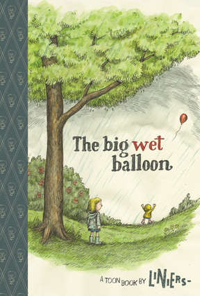 A book cover showing a young girl chasing a red balloon as it floats away in a rainy sky. Her older sister stands under a tree and watches her. 