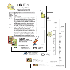 Four sheets of paper showing lesson plans and student activities to be used as classroom accompaniment for Zig and Wikki in Something Ate My Homework