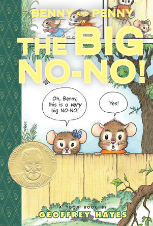 The book cover showing Benny and Penny peeking over a wooden fence as Penny says, 