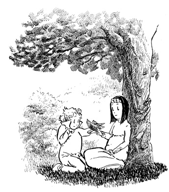 Leah and Alan sit below a tree and pet a bird