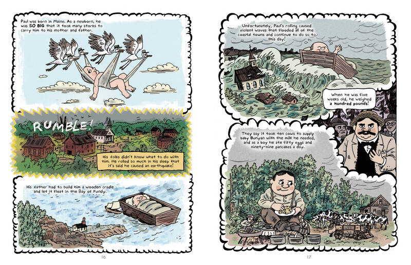 An interior spread of comics pages from Paul Bunyan: The Invention of an American Legend