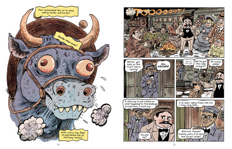 An interior spread of comics pages from Paul Bunyan: The Invention of an American Legend