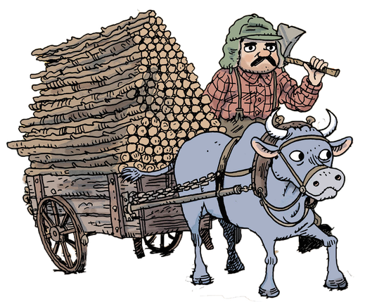 An illustration of the folklore hero Paul Bunyan with an axe from the graphic novel An interior spread of comics pages from Paul Bunyan: The Invention of an American Legend.
