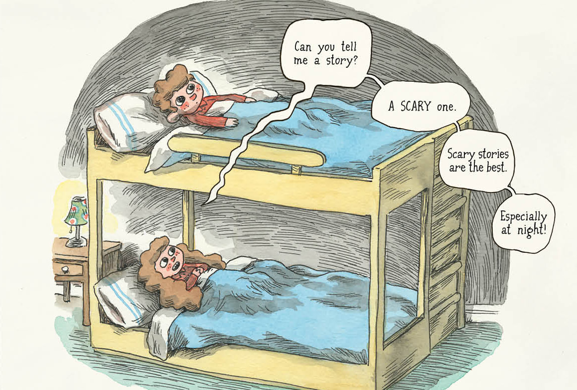 A brother and sister in a bunk bed, the sister asking for a scary story at night. From Night Stories: Folktales from Latin America