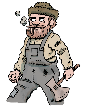 An illustration of Otto Walta, a Finnish lumberjack from American folklore, with an axe. Illustration from Paul Bunyan: The Invention of an American Legend by Noah Van Sciver