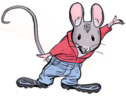 A cartoon mouse poses proudly in a red button up and blue jeans