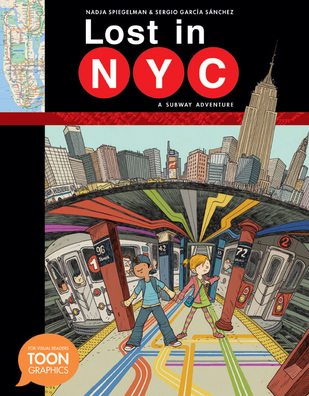 The cover of Lost in NYC: A Subway Adventure that shows Pablo holding hands with a friend on a subway platform