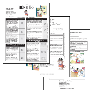 Three sheets of paper displaying the ELA Common Core standards, a lesson plan, and student activities related to Benny and Penny in Just Pretend