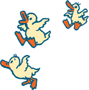 Three ducklings jump in an arc through the air