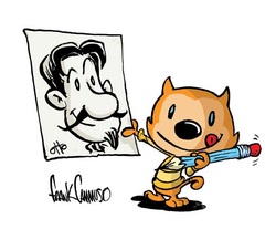 An illustration of an orange cat proudly displaying its drawing of Frank Commmuso