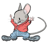 A cartoon mouse is excited after he dressed himself in a red shirt, blue jeans, and big shoes