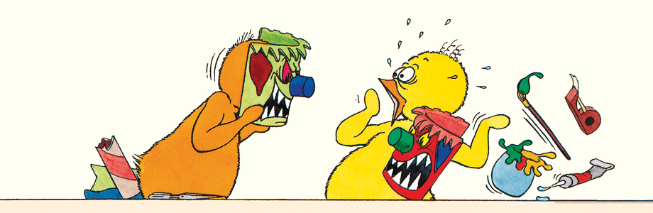 Two cartoon ducks paint face masks, the orange one scares the yellow one with a frightening mask 