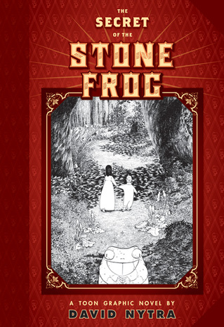 A red cover of The Secret of the Stone Frog, showing Leah and Alan walking into the inky woods while the outline of the stone frog is front and center
