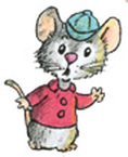 An illustrated mouse in a red shirt and a blue news cap waves to someone