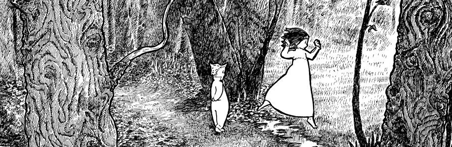 An ink drawing of Leah and Alan skipping over a small creek in the forest