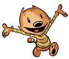 Otto the cat runs gleefully in an orange striped shirt