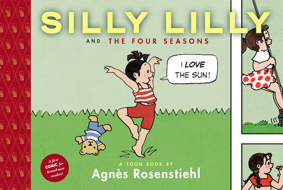 The cover of Silly Lilly and the Four Seasons, showing a little girl in a red outfit saying, 