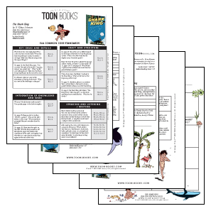 Four sheets of paper that show lesson plans and student activities designed to accompany Our Shark King and to support standards-based instruction in the classroom