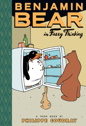 The cover of Benjamin Bear in Fuzzy Thinking, showing a fat penguin standing inside a fridge, eating all the contents and stealing at Benjamin Bear