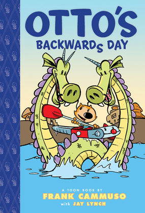 A book cover of Otto's Backwards Day that shows Otto the Cat riding in a boat that is caught on a two-headed smiling sea creature