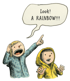 Two young girls dressed in rain gear look excitedly towards the sky while the younger one shouts, 