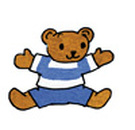 An illustration of a teddy bear in blue shorts and a blue and white striped shirt holds open its arms for a hug