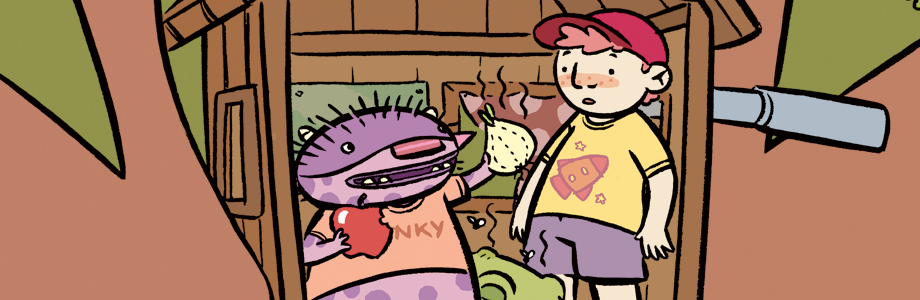 Stinky holds an apple as he offers a stinking garlic bulb to a young, startled boy