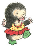 An illustration of a young mole walking happily in a red and yellow polka-dotted tutu