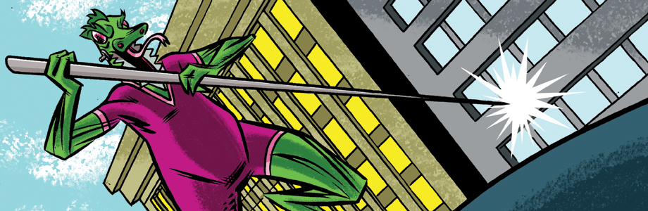A green reptile monster in a purple leotard wields a sharpened spear in a menacing way