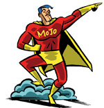 Mojo the superhero poses triumphantly in a red and yellow superhero costume