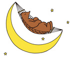 A brown bear naps in a hammock that is slung from the crescent moon