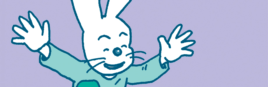 A cartoon bunny smiles and raises his arms in front of a purple background