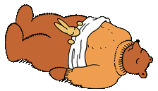 An illustrated brown bear takes a nap with a little bunny tucked under his sweater
