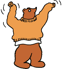An illustrated brown bear waves his arms as he puts on a large orange sweater