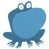 An illustrated blue frog stares with wide eyes
