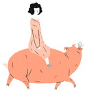 An illustrated girl in an orange dress rides a prancing fat orange pig