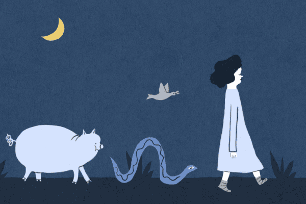 A monochrome blue gif of an illustrated girl walking at night, followed closely by a bird, a snake, and a fat pig