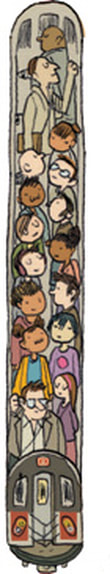 An illustration of a crowded subway car as seen from above