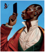 A colorful drawing of author and illustrator Kadir Nelson showing a striking profile